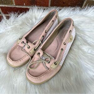 Sperry Topsider Pale Pink and Tan Striped Slip On Loafers Boat Shoes